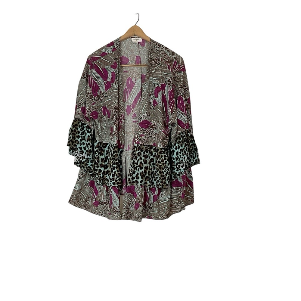 EUC Umgee Mixed Media Animal Print Ruffle Hem Open Front Kimono Size S/M